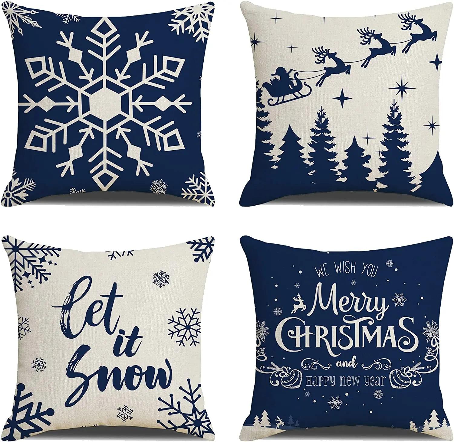 Christmas Throw Pillow Covers 18x18 inch Set of 4 Decorative Farmhouse Pillow Cases Merry Christmas Let it Snow Xmas